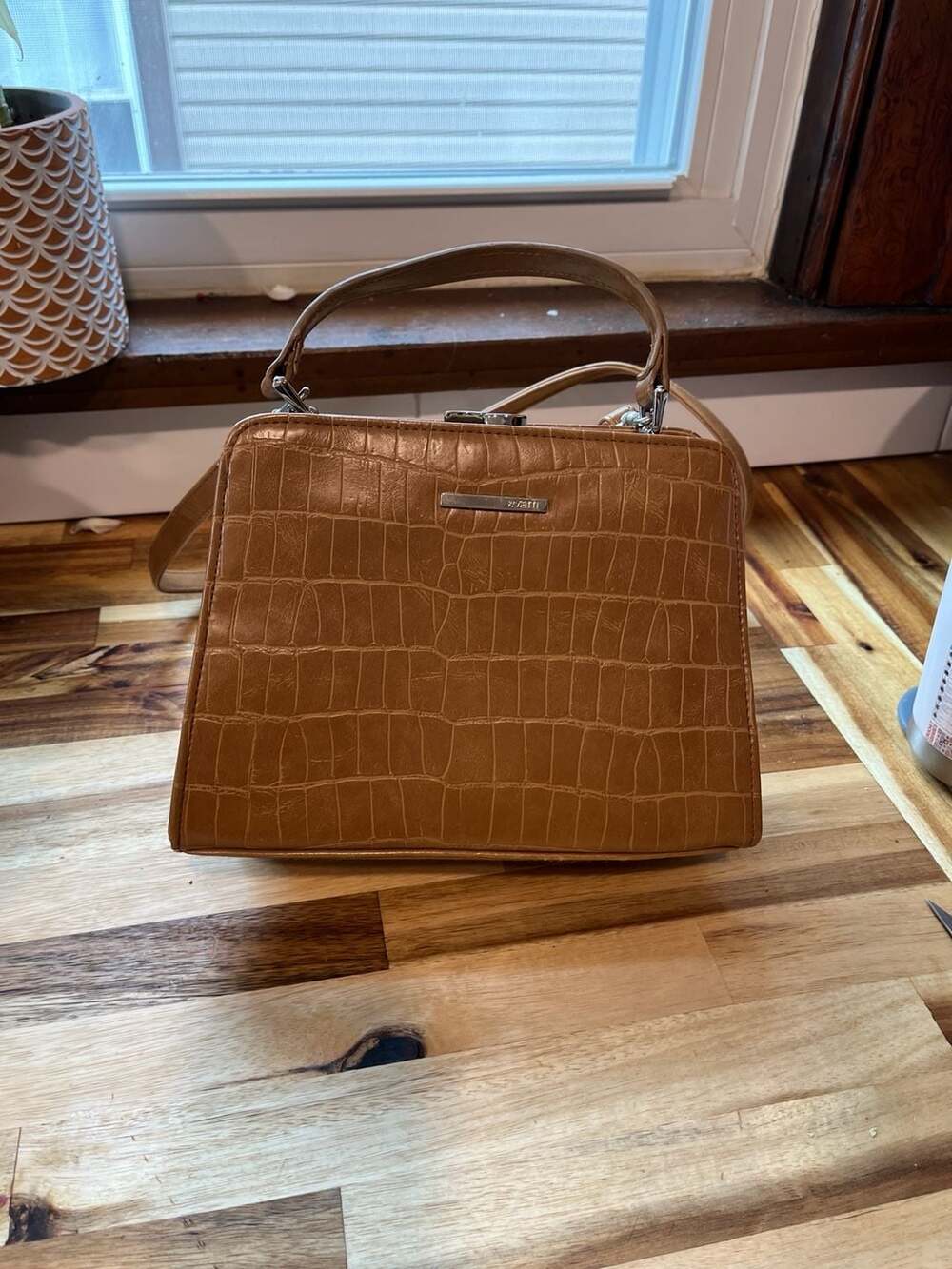 Rosetti Brown Crocodile Embossed Frame Top Handbag with Crossbody Strap